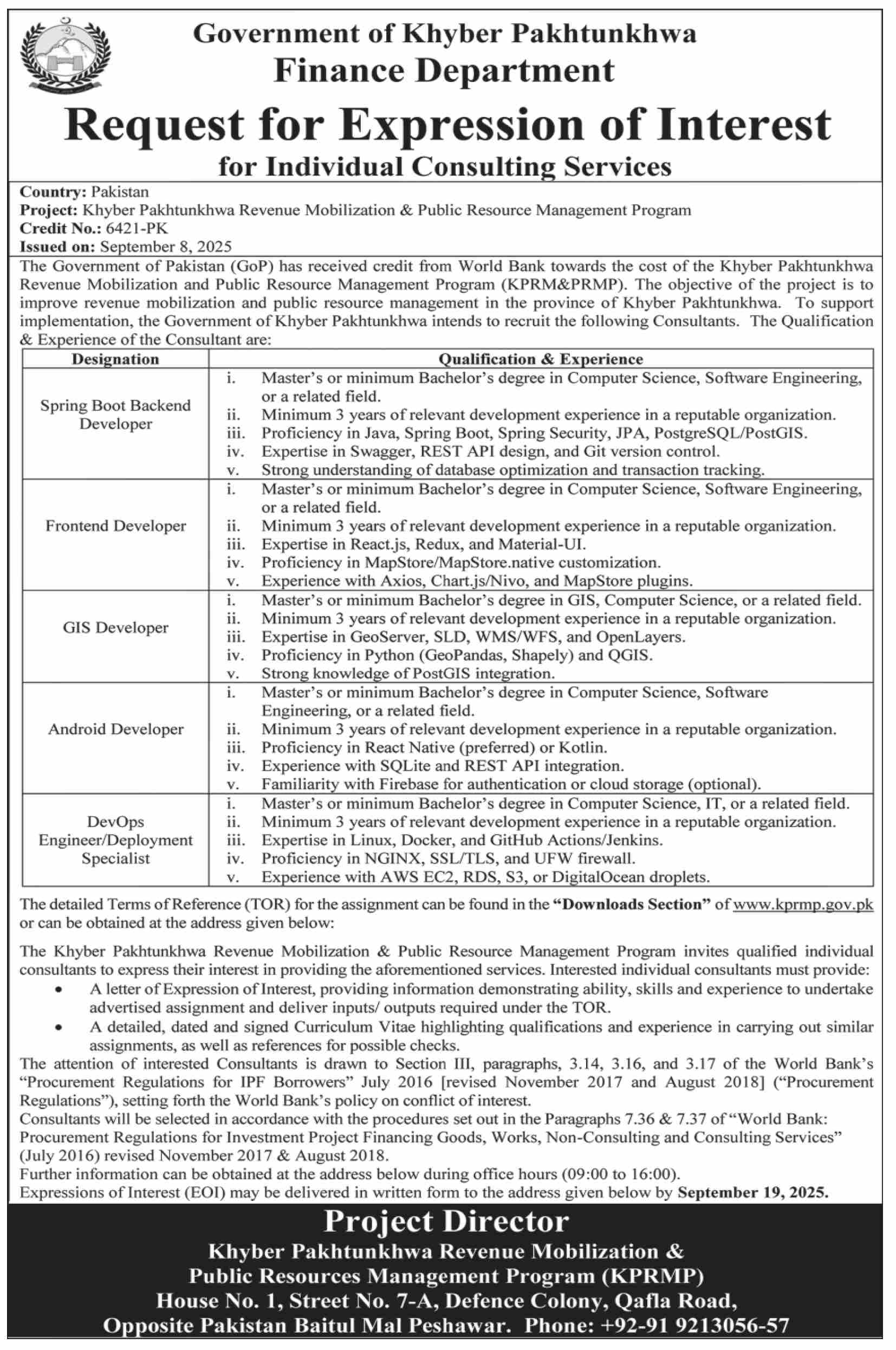 Finance Department KPK Tender Notice